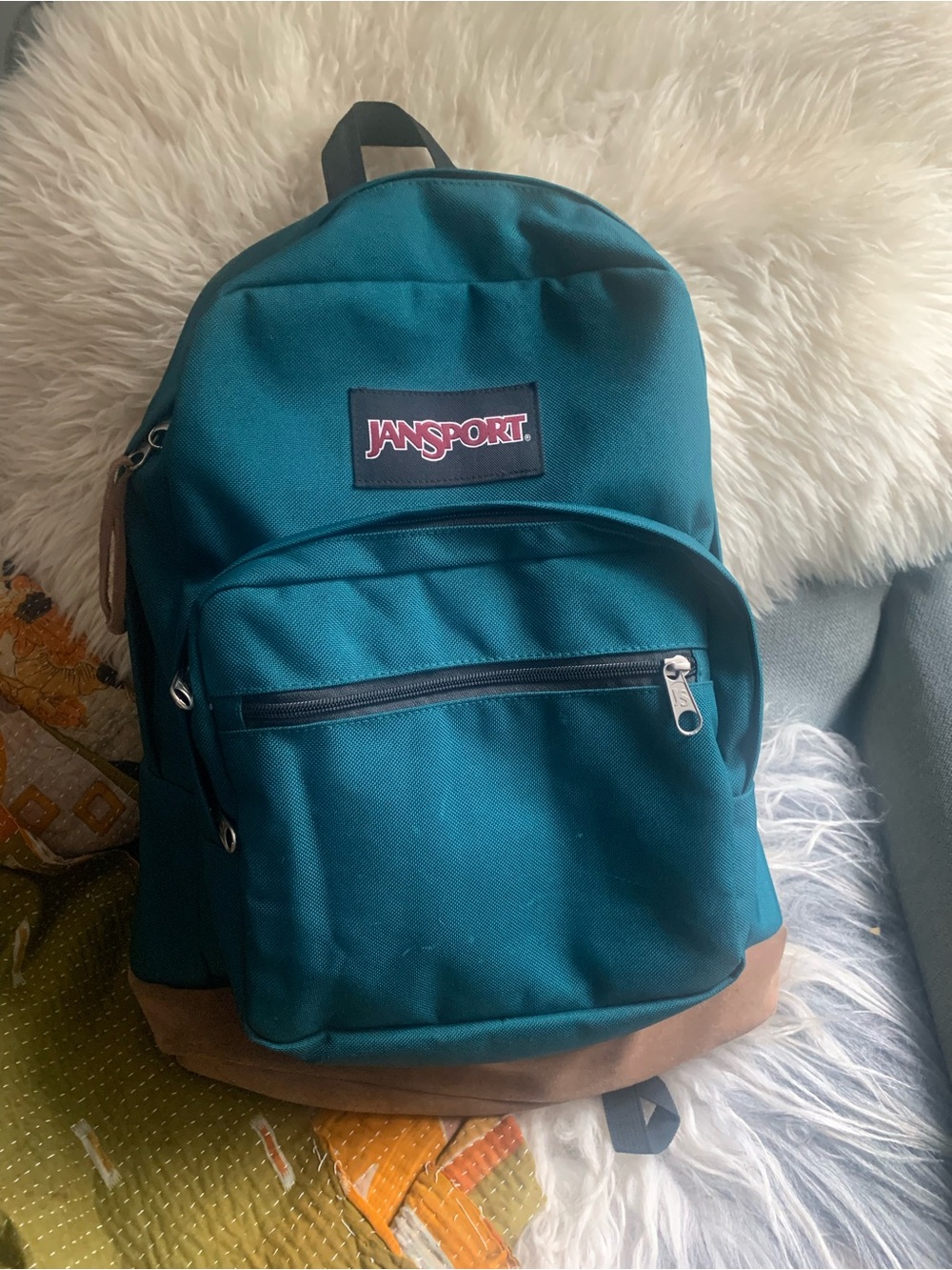 JanSport Teal Backpack with Brown Suede Base - Classic pack